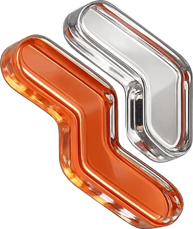 Two interlocking glossy chevrons, one amber and one clear glass